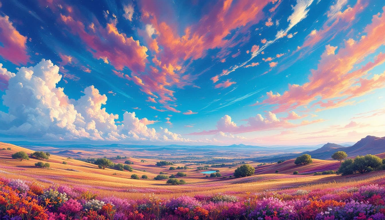 AI generated: A stunning landscape featuring a vivid, supersaturated sky and vibrant scenery.
in style of impressi...