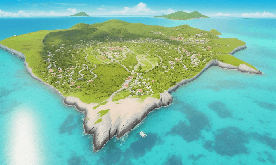 AI generated: bird's eye view of a happy sunny island. You can see the land in the background off in the distance....