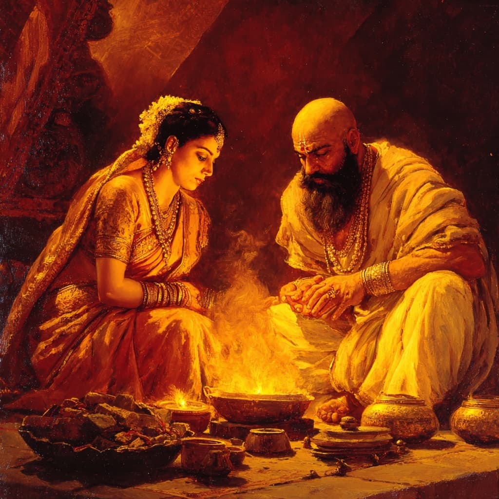 AI generated: a beautiful indian female queen from kakatiya empire with male guru preforming rituals 