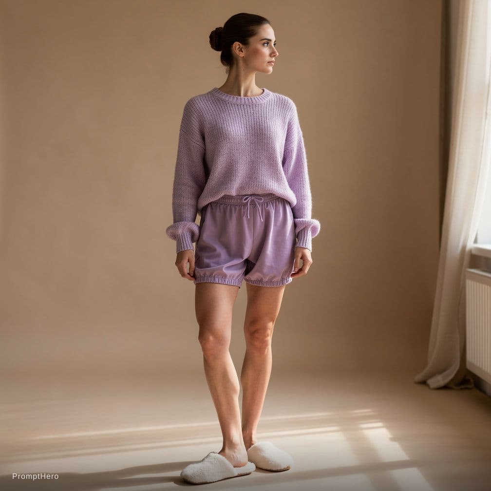 AI generated: A brown-haired ballerina with a chignon hairstyle, wearing a lavender colored knit sweater, wearing ...