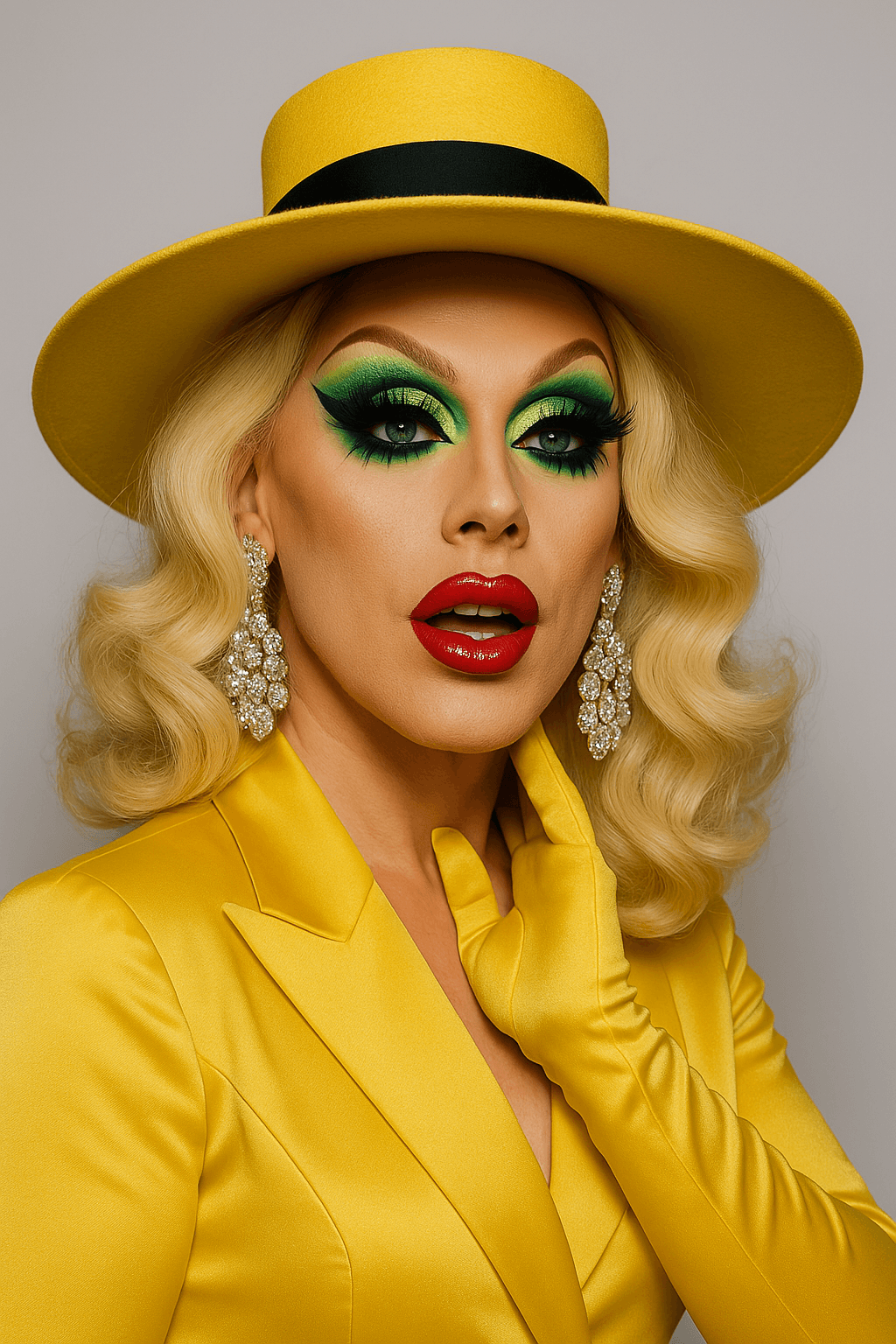 AI generated: The image is a high-resolution photograph of the glamorous drag queen posing against a plain, light ...