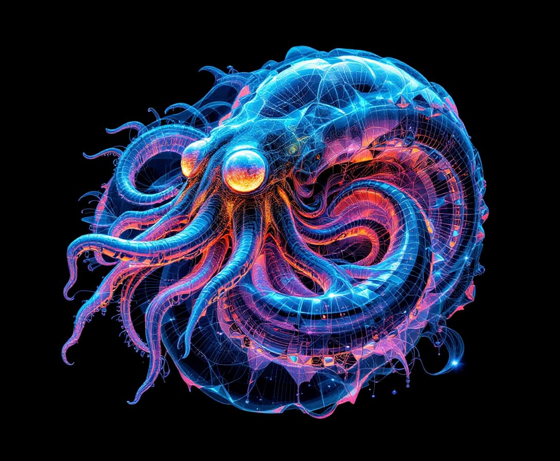 AI generated: 3D digital data mapped coded matrix blueprint,  transparent glass steampunk sculpture of a Nautilus ...