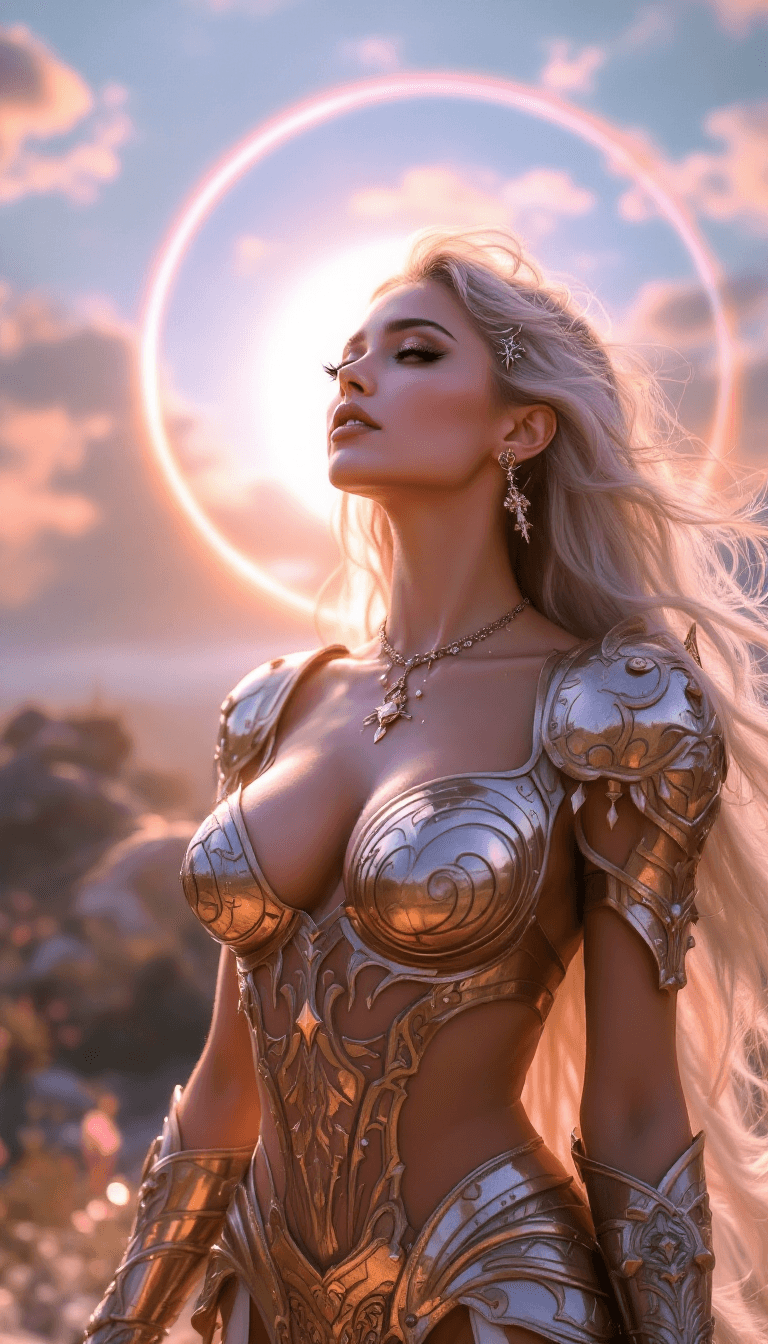 AI generated: Sexy female queen of sun, mystic, fantasy, light small sexy armor, almost nude, babe, 4k, beauty, ba...