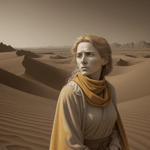 AI generated: a woman wearing a yellow scarf, in the style of biblical drama, light brown and amber, desertwave, a...