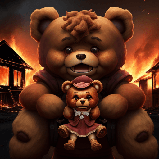 AI generated: Annie and tibbers on front, annie cry for her house burning, tibbers is big, chaos on fire, HD, 8k