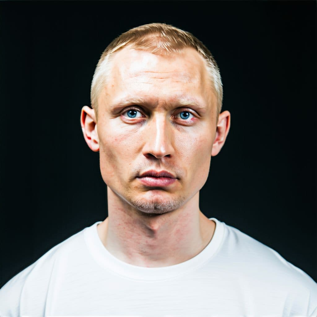 AI generated: Young mafia Russian man 40's hottie blue eyes blonde crew cut hair 5'5 200lbs Built-in Muscle casual...
