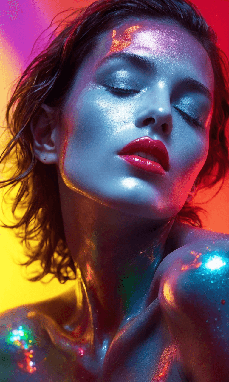AI generated: fashion editorial, a close up portrait of a dark shorthaired beautiful naked woman with closed eyes ...
