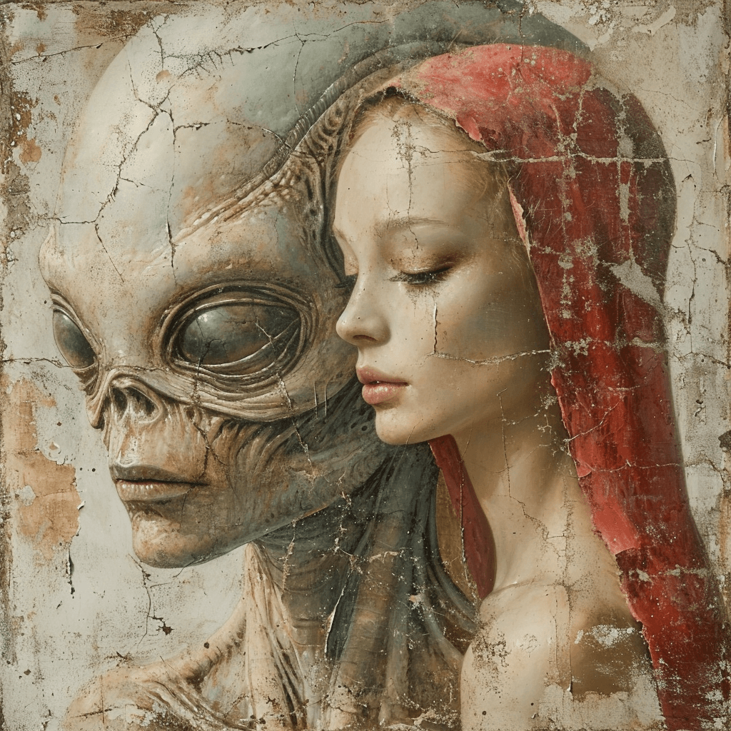 AI generated: renaissance fresco in style of michelangelo. alien and woman In in red und light pastel coloured Ren...