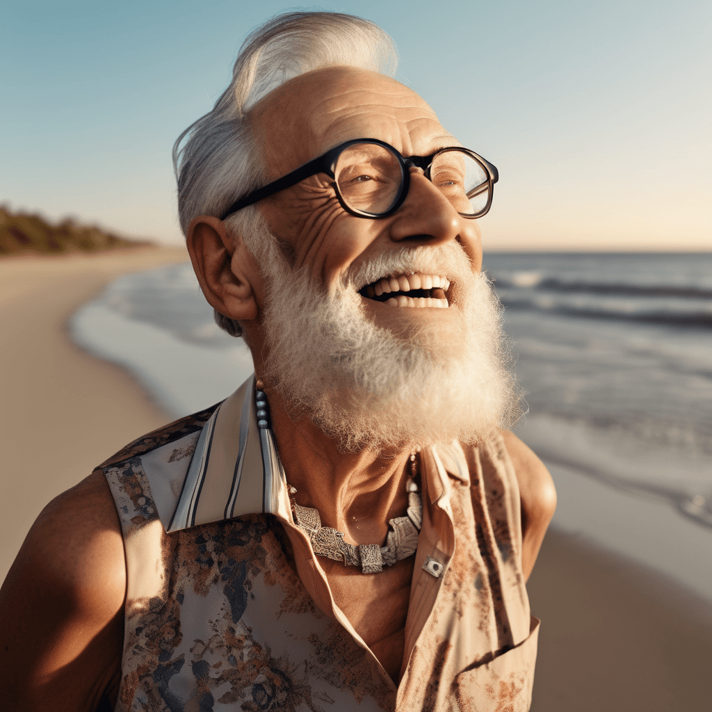 AI generated: high fashion photo of a elderly man with a beard and glasses, intricate jewelry, wearing a sundress,...