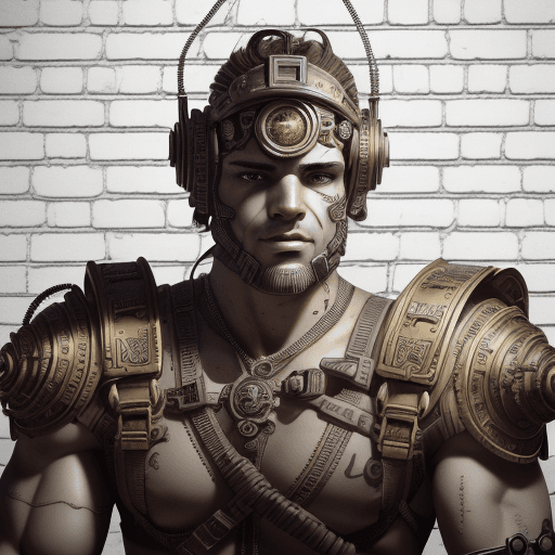 AI generated: A detailed portrait of the Greek hero Hercules wearing a grotesque cyborg helmet with steampunk scre...