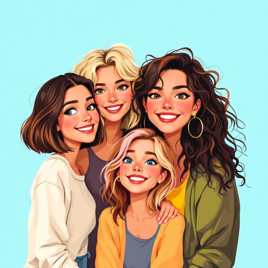 AI generated: Generates an illustration Pixar style image of 4 friends in their 30s;
1. Light brown hair with lots...
