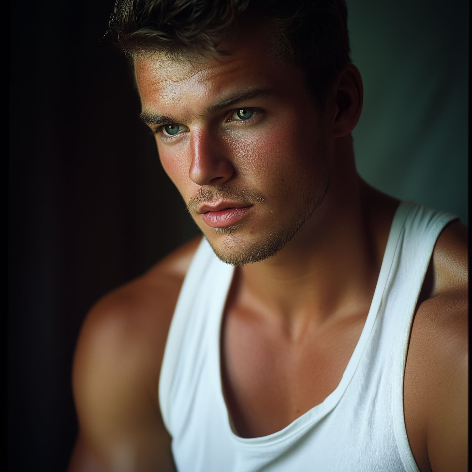 AI generated: A handsome man wearing a white tank top, posing for the camera, looking at the viewer, in a three-qu...