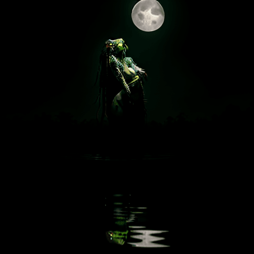 AI generated: Bullfrog monster lady, body waste deep, four arms, winking, long greasy dreadlocks, Hyper realistic ...
