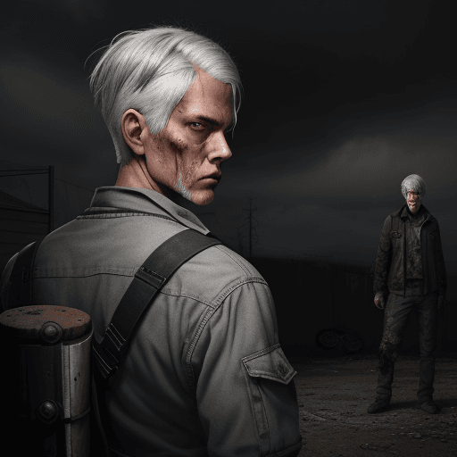 AI generated: A young man with gray hair wearing clothes from the zombie apocalypse. Looks into the distance. Port...