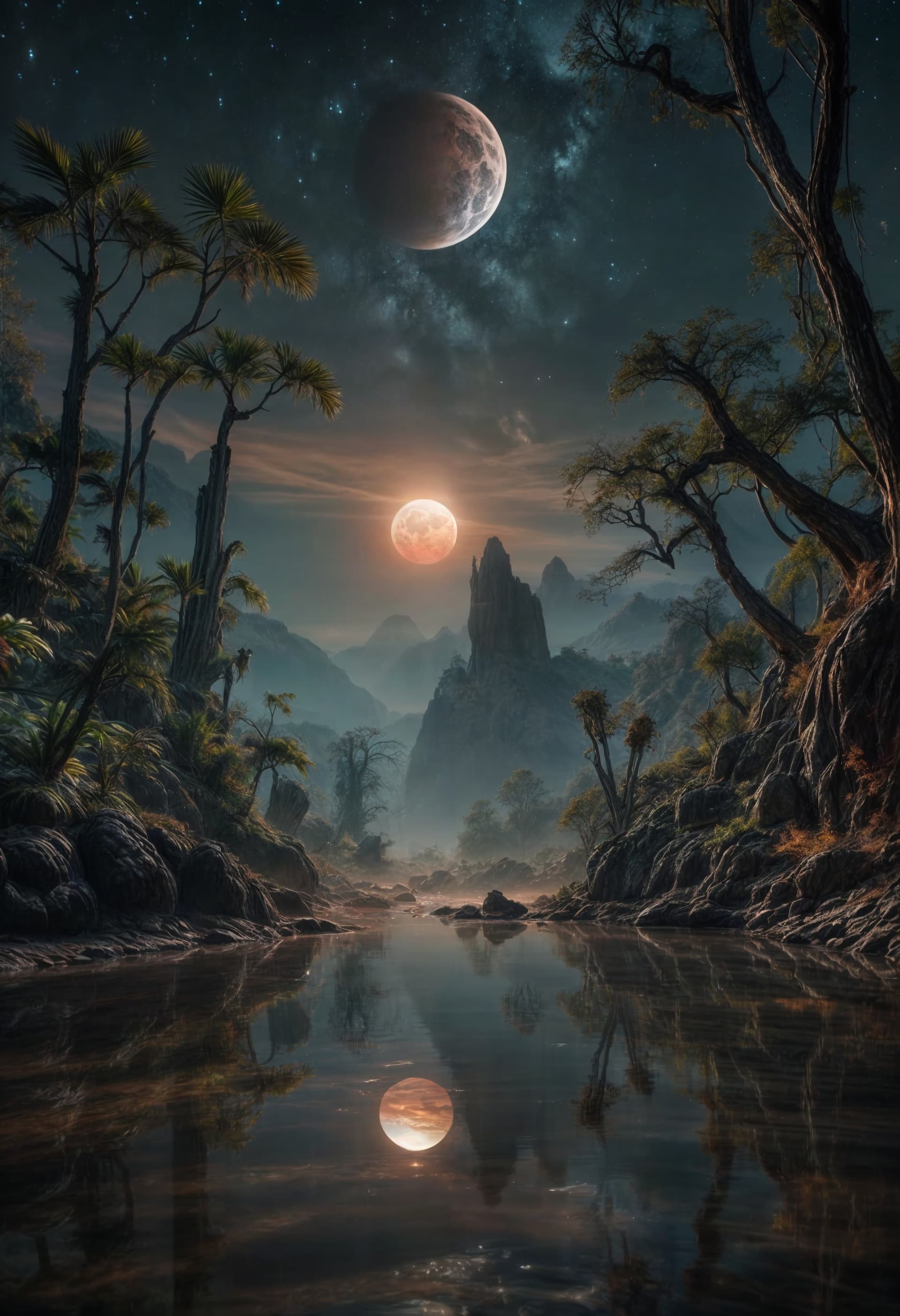 AI generated: Beautiful Landscape from an alien Planet,alien Plants and alien fauna and flora,a sea,nebulas,moons,...