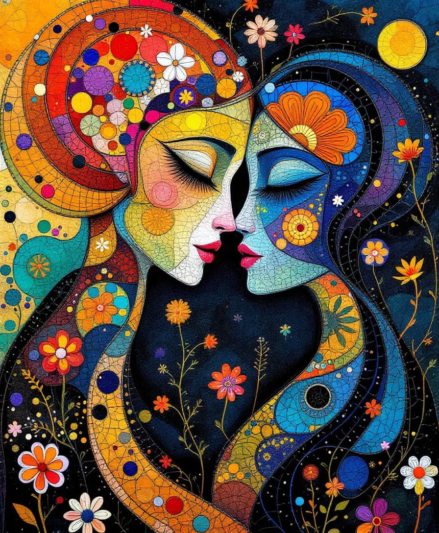 AI generated: Patchwork by Jeremiah Ketner, James Jean, Van Gogh, Antoni Gaudi, Henri Rousseau, male and female, a...