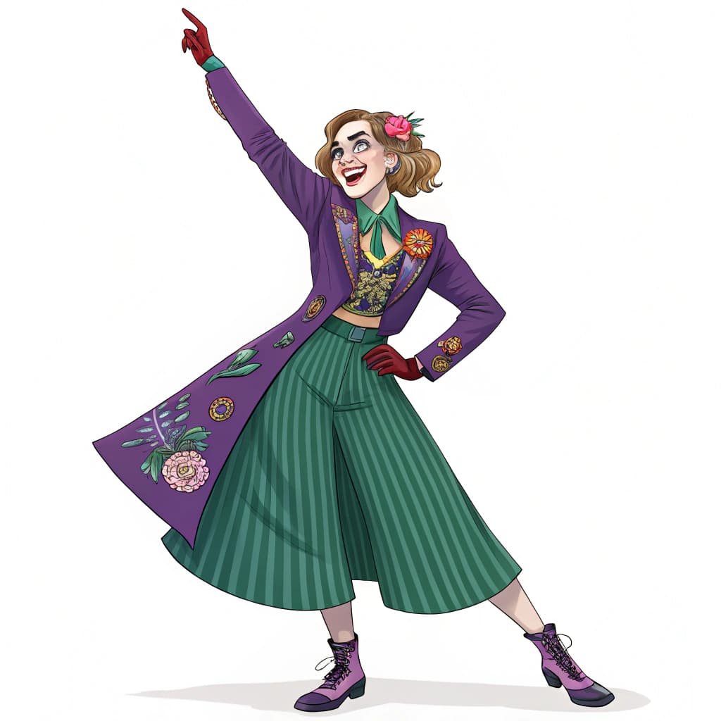 AI generated: female character, young adult, caucasian, The Joker style, playful confident pose, standing one arm ...
