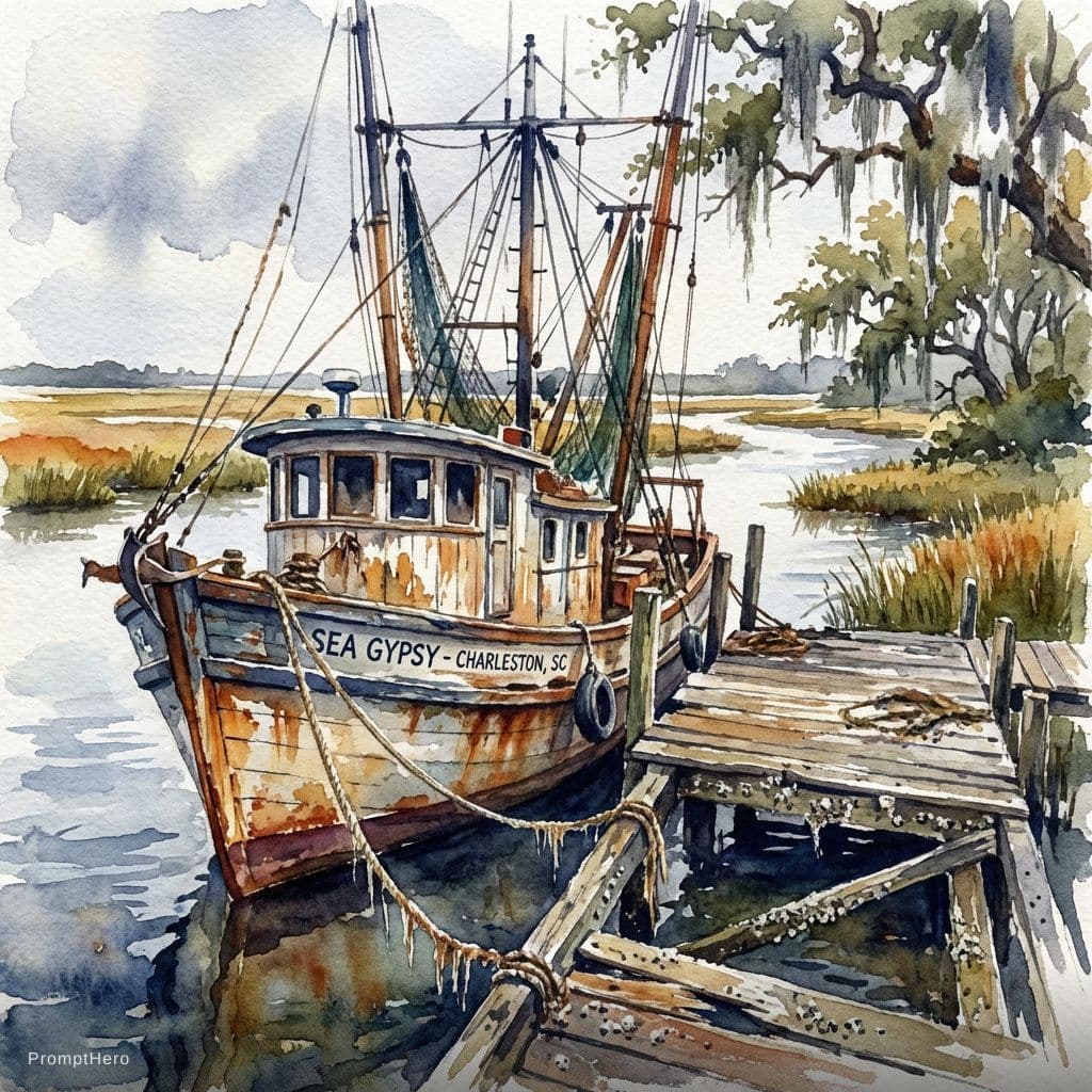 AI generated: highly derailed watercolor painting of a rustic, weathered shrimp boat tied to a weathered dock on a...