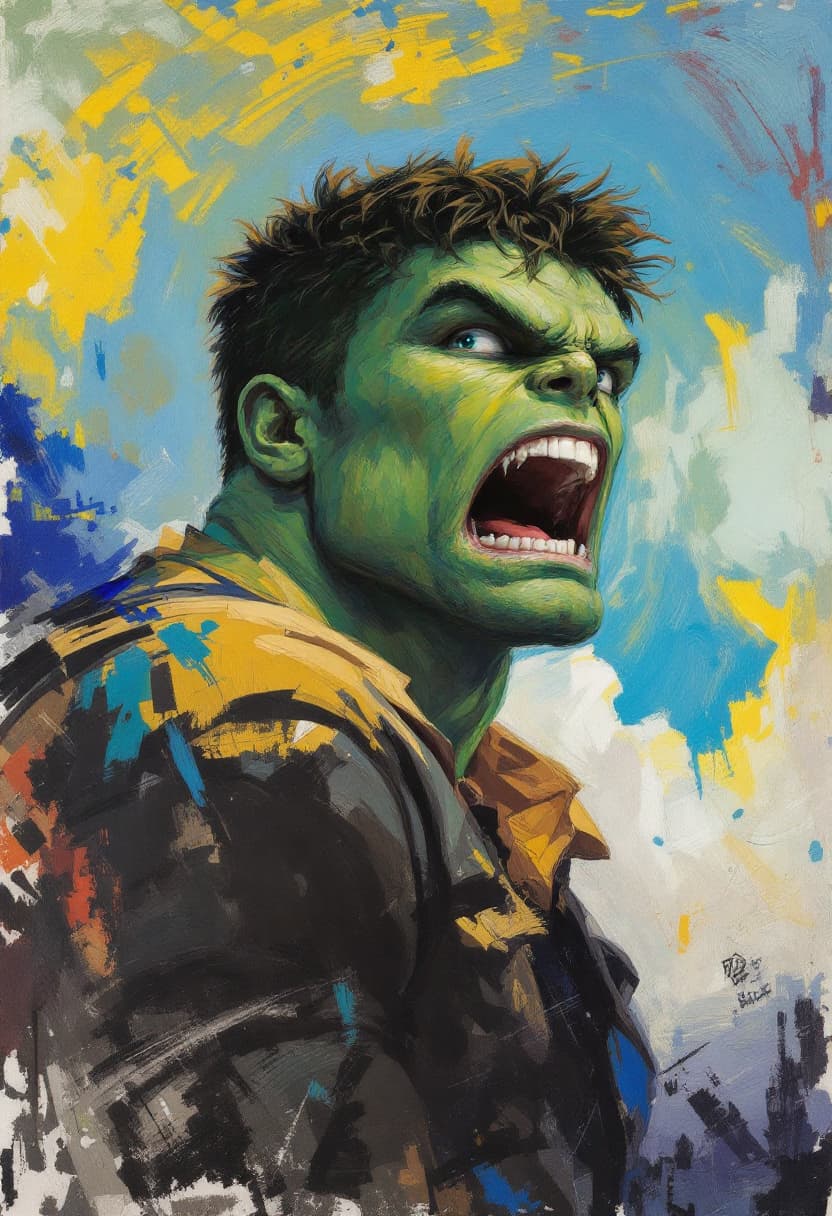 AI generated: Portrait tilted at 45 degrees, dynamic pose, Hulk, Art Nouveau, Neo-Impressionism, charcoal illustra...