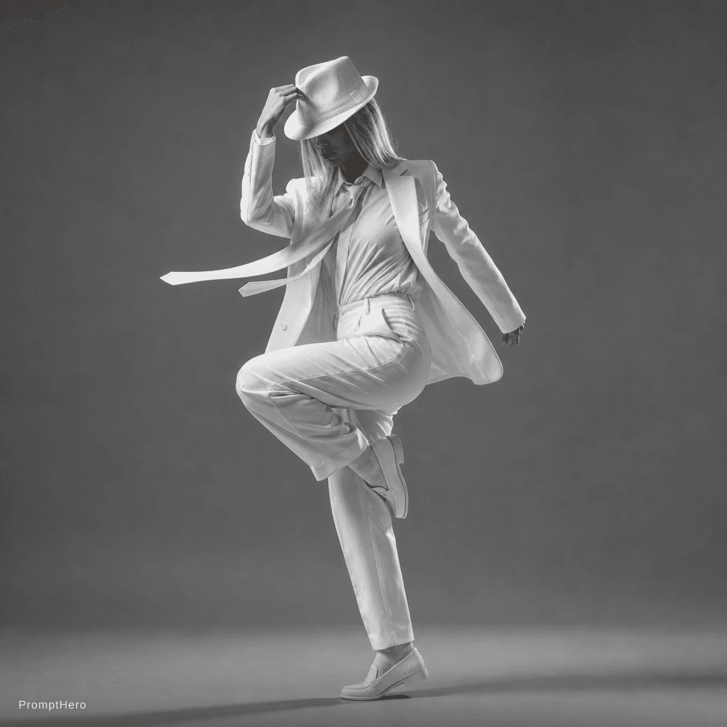 AI generated: Photorealistic black-and-white studio portrait, full-body female dancer in an all-white look: white ...