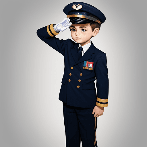 AI generated: Drawing of a 5 year old boy standing, in a navy uniform, saluting