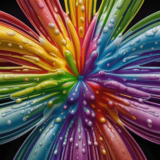 AI generated: gorgeous rainbow lily made of colorful rainbow liquid splashes, merging, melting, splashing, droplet...
