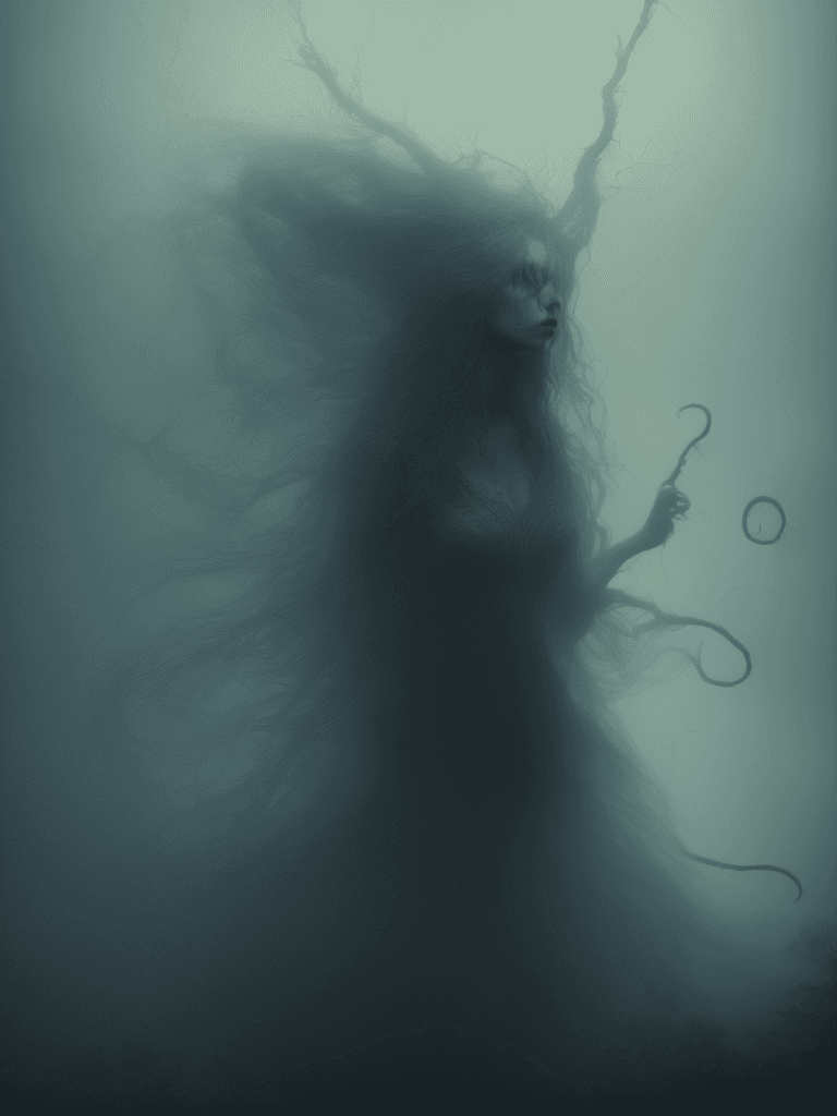 AI generated: witch in mist, Realistic, Hauntingly beautiful, feerie lighting, wispy tendrils, etherial, Highly de...
