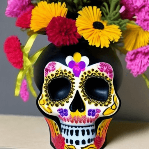 AI generated: black vase, colorful marigolds, sugar skull, centerpiece 