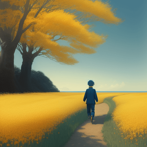 AI generated: a boy walking through a field, in the style of ethereal trees, dark yellow and azure, majestic, swee...