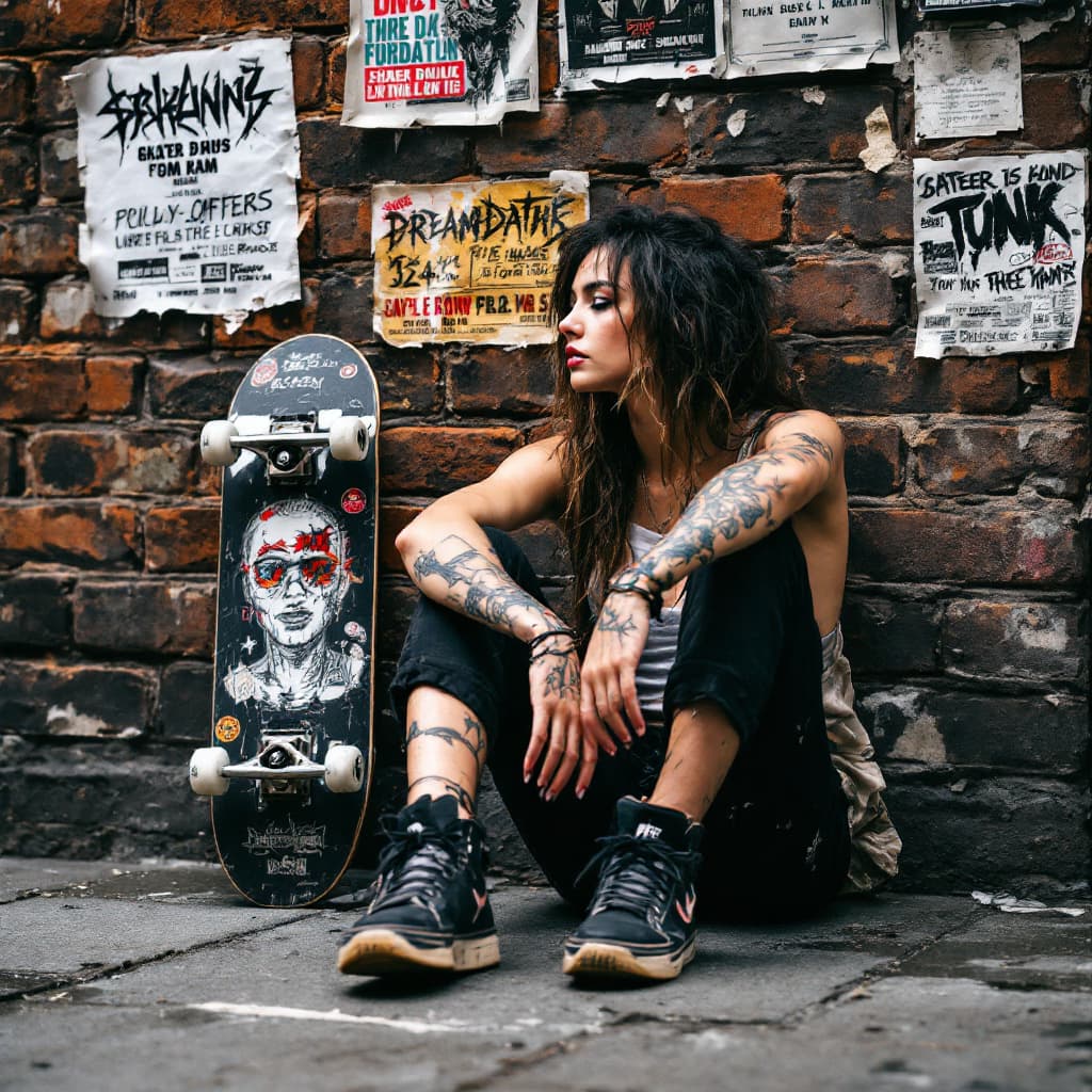 AI generated: london punk female , wearing skateshoes , sitting on ground with back against wall, a pro skateboard...