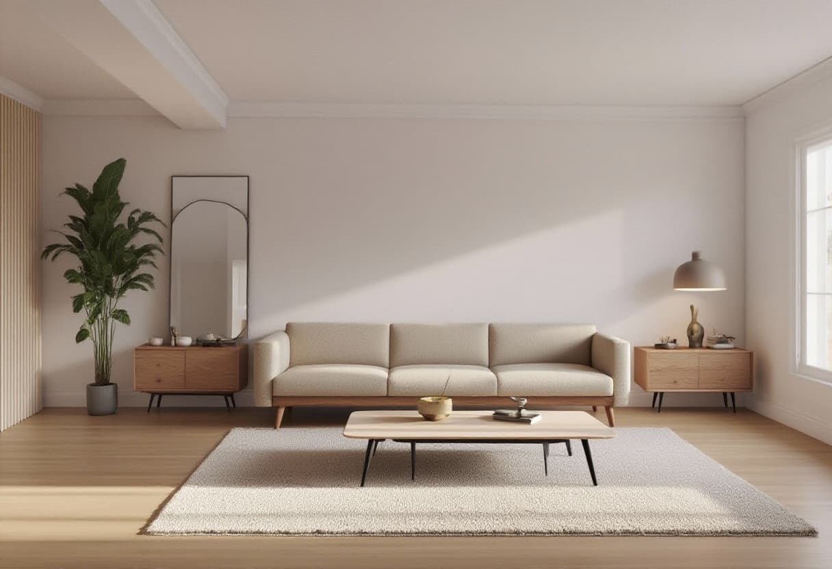 AI generated: A modern living room with elegant minimalist furniture arranged in a cozy composition. Add a beige f...
