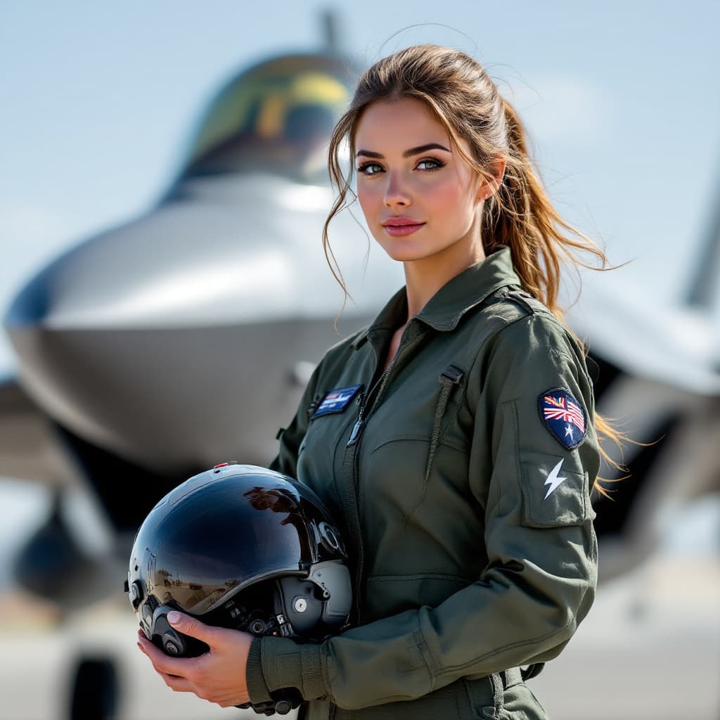 AI generated: A pretty female pilot standing in front of an F35A Lightning II jet fighter, holding a helmet under ...