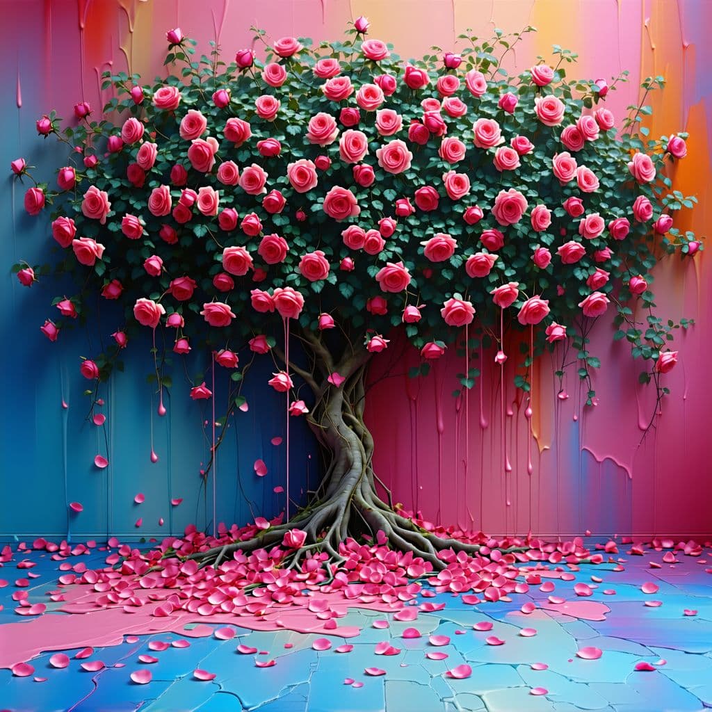 AI generated: A red rose shines in front of an immense rose bush that creates a surreal wall of more various color...
