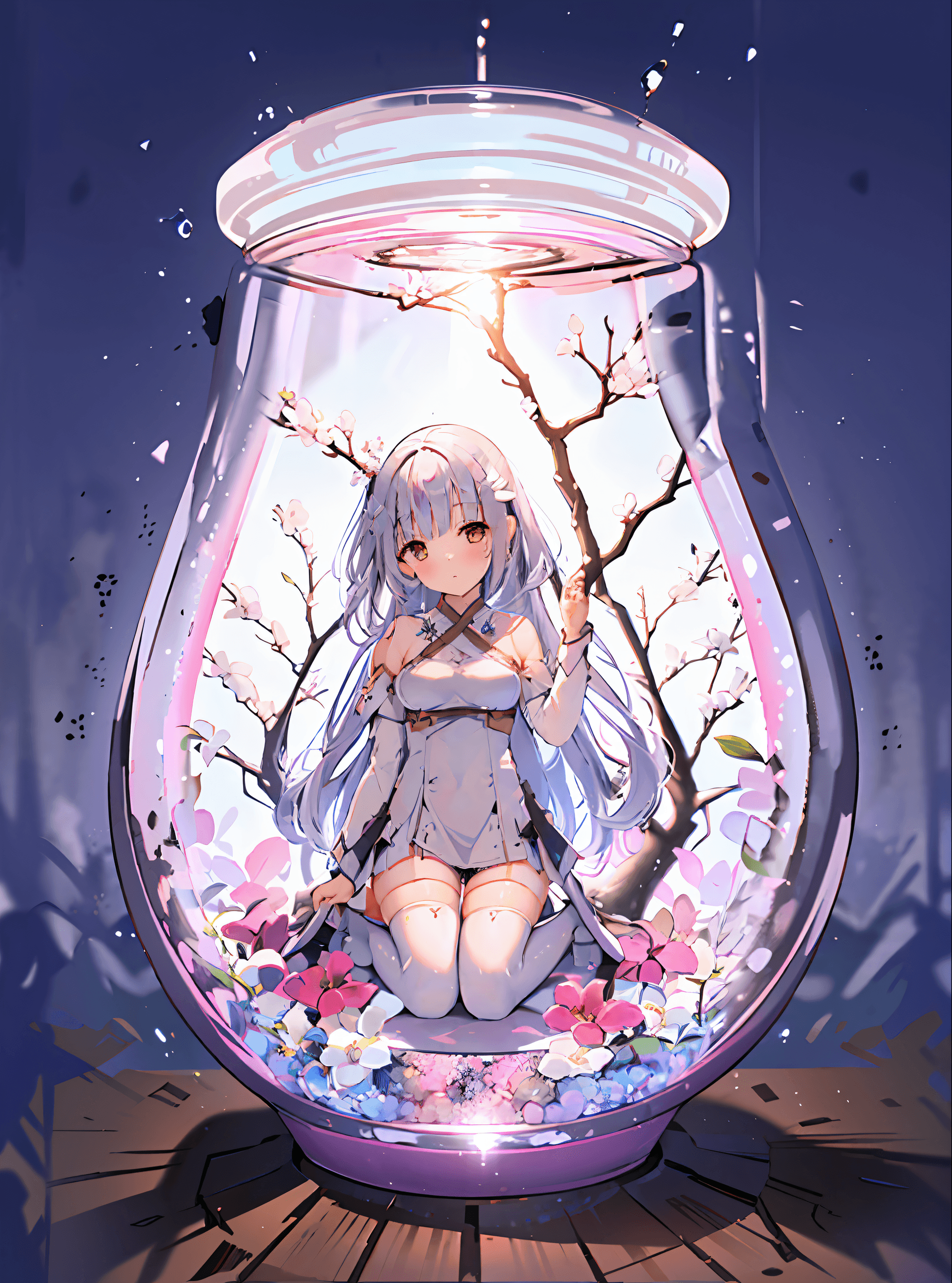 AI generated: unicorn, 1girl,solo, (medium breasts:1.1), wariza, phgls, in container, bottle,submerged,white dress...