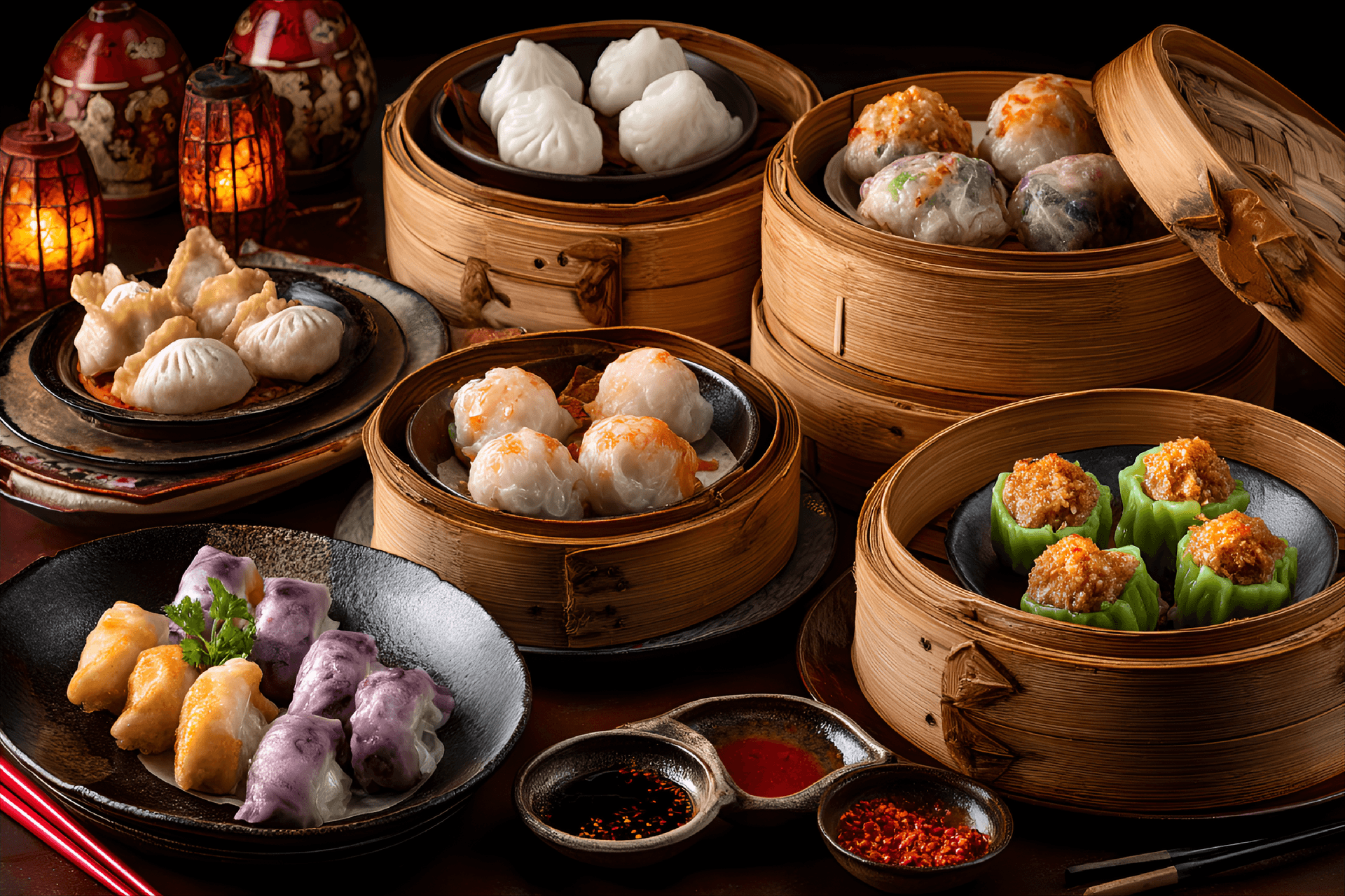AI generated: lavish spread of dim sum on a traditional bamboo steamer, featuring delicate dumplings, siu mai, and...
