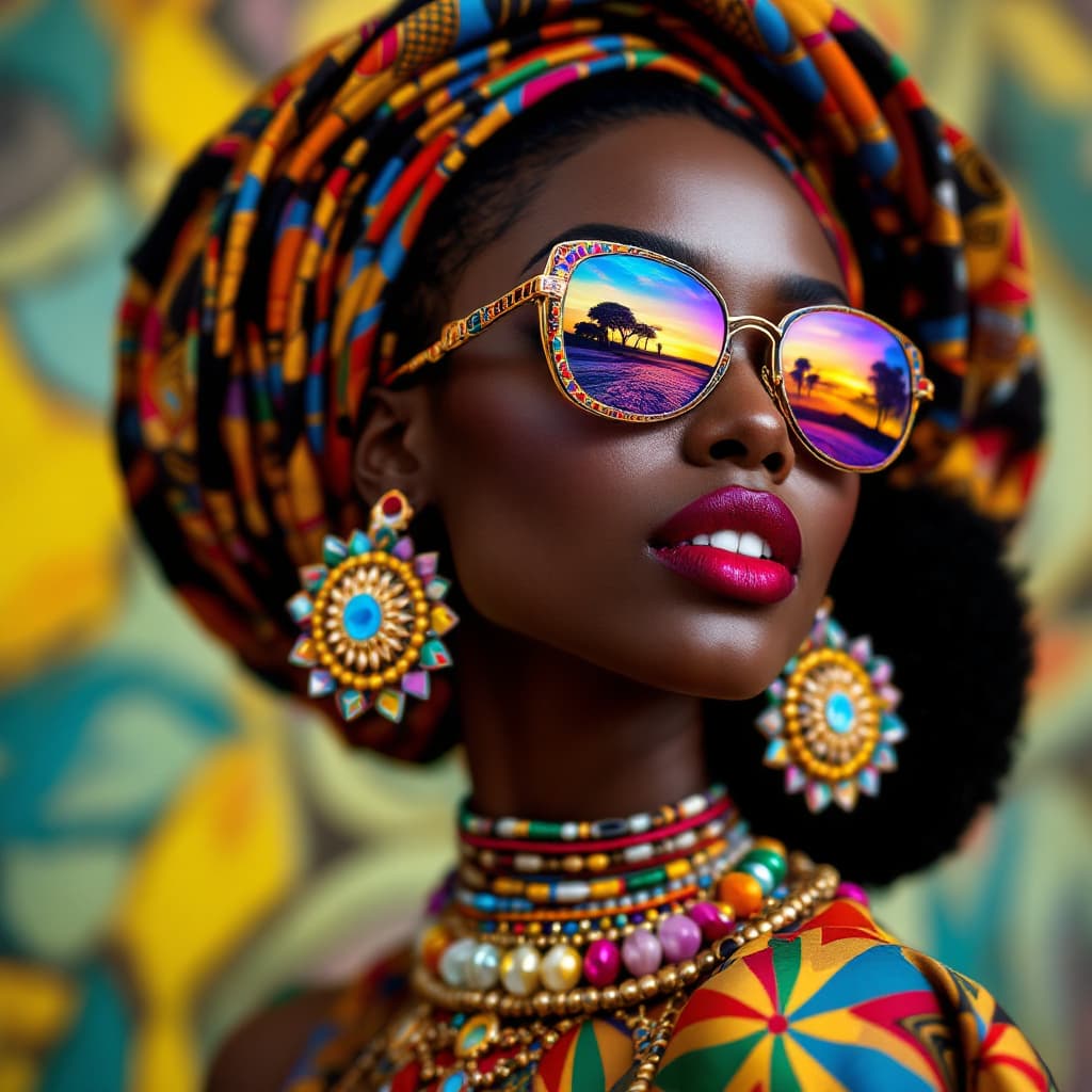 AI generated: Vogue photoshoot of an African woman wearing a vibrant multicolor intricate outfit with big earrings...