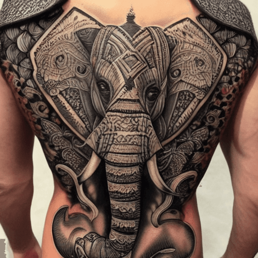 AI generated: BACK TATTOO, ELEPHANT, ARMOR, PERSIA, MONEY, LUCK