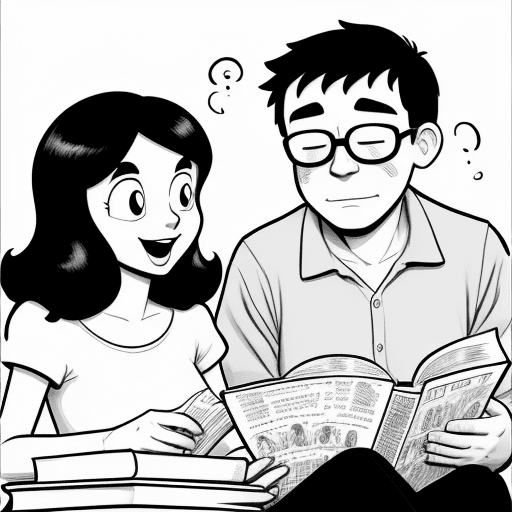 AI generated: a humorous black and white cartoon format image of two people reading the bible