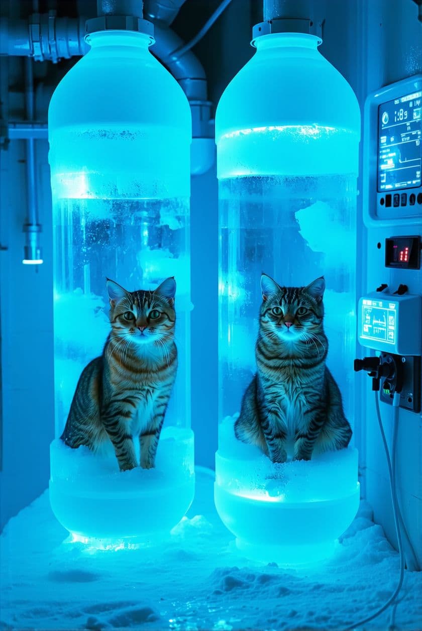 AI generated: A surreal, realistic scene of two anthropomorphic cats — orange tabby (Oyen) and grey cat (Abu) — cr...