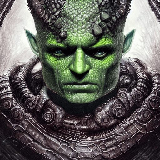 AI generated: green-skinned reptilian, small antennae-like ears, large fangs, large eyes with white sclera and red...