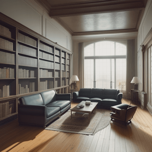 AI generated: High resolution photography interior design, dreamy sunken living room with a wall-to-wall empty lib...