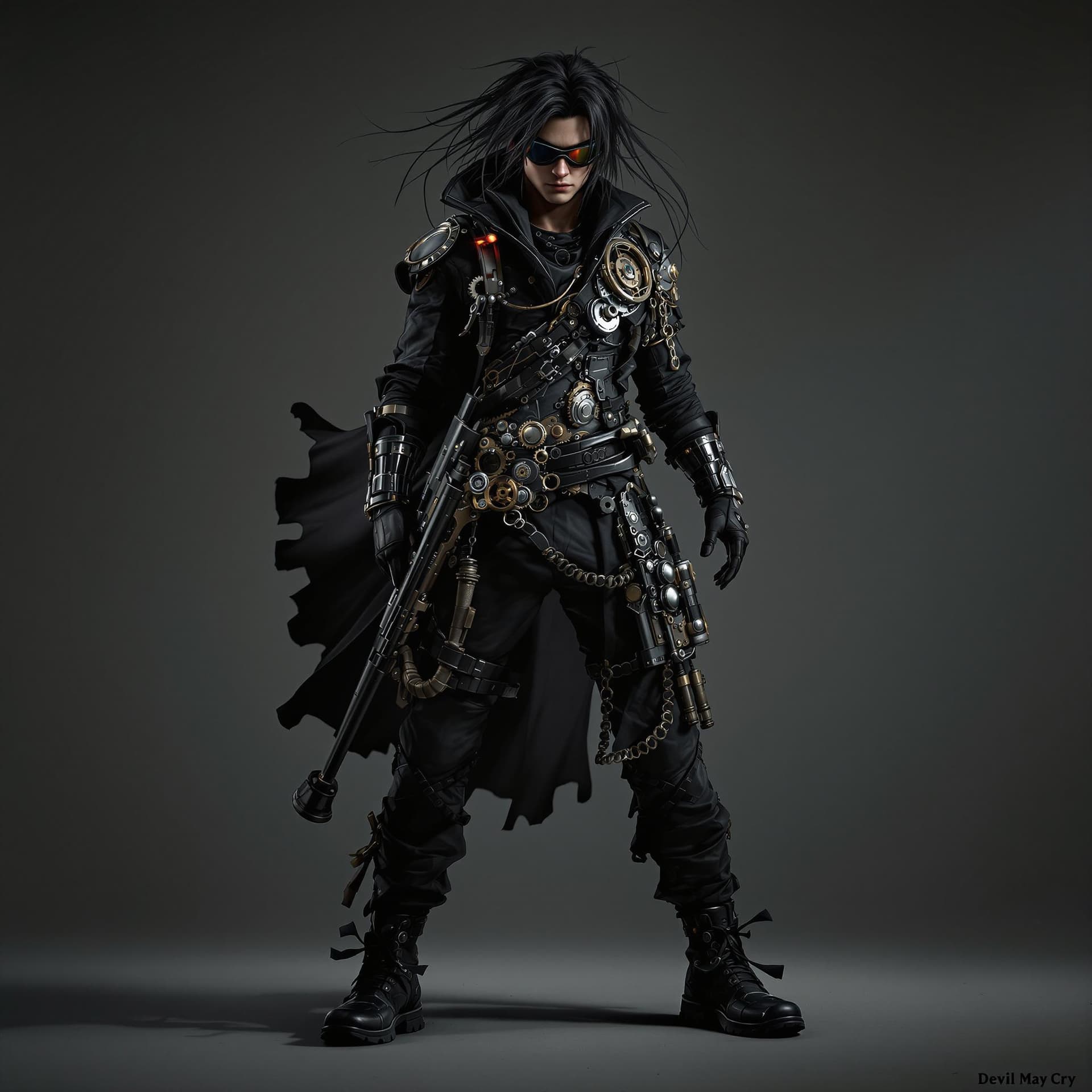 AI generated: a  male young  sharpshooter (full body zoom out, head to toe), inspired by Dante Sparda (Devil may c...
