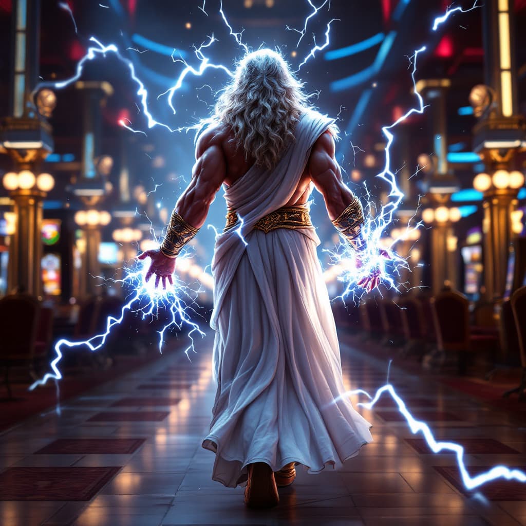 AI generated: Zeus from canonical slot game Gates of Olympus with lightning in hands walking through a Casino in L...