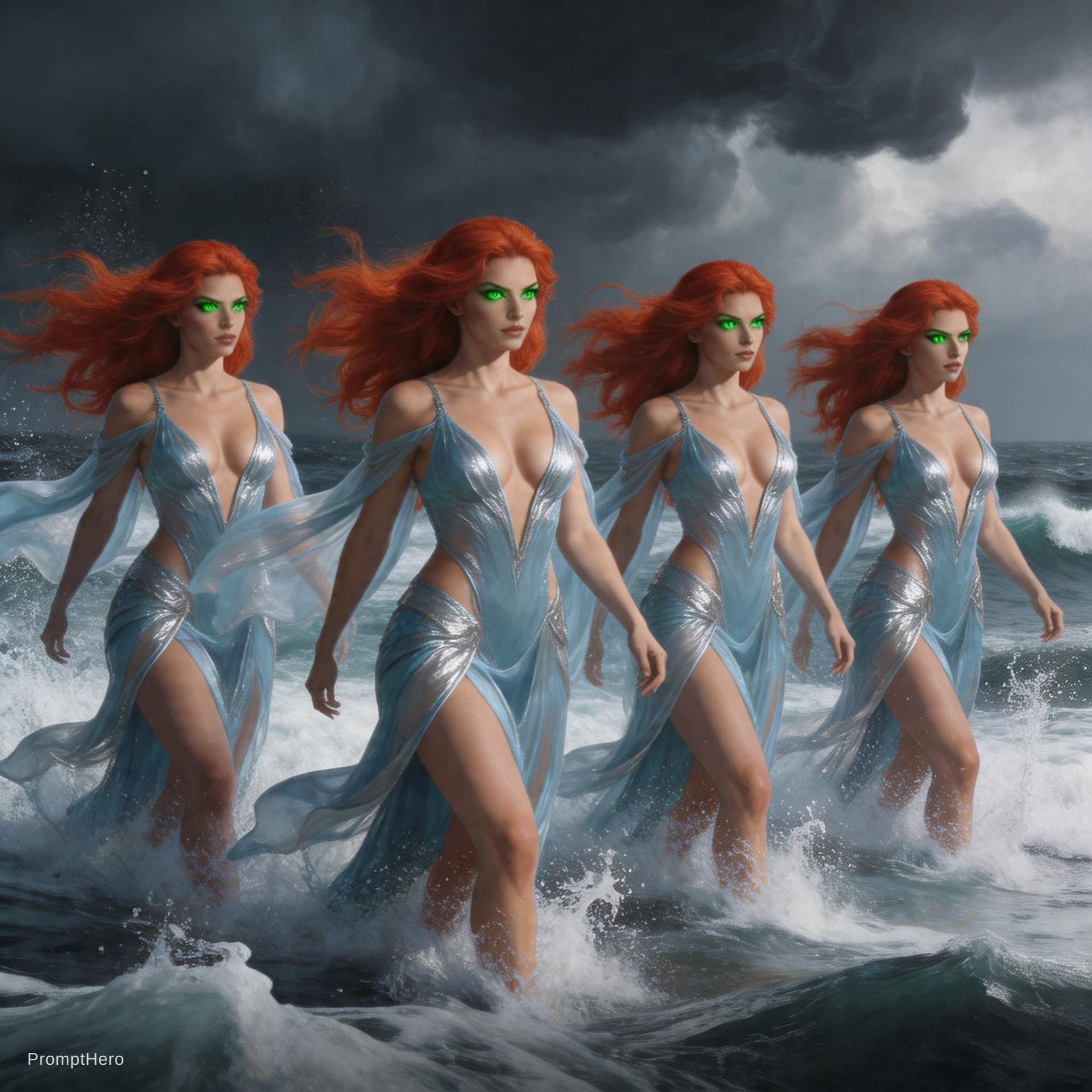 AI generated: Epic fantasy scene, four beautiful fiery red haired sea goddesses rising from the stormy ocean, long...