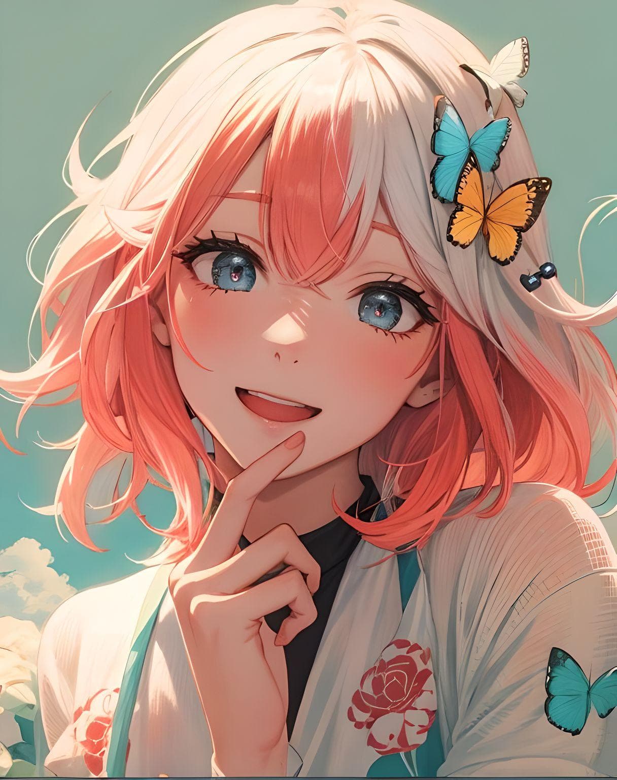 AI generated: a woman with pink hair and butterflies in her hair, by Ross Tran, render of a cute 3d anime girl, po...