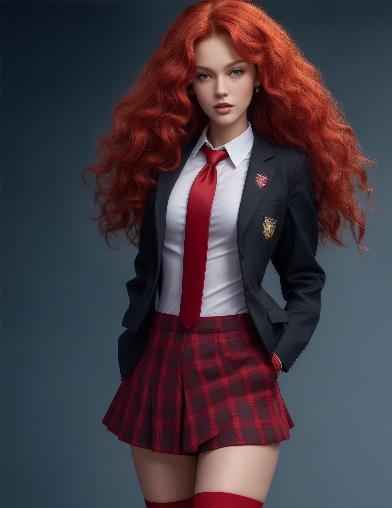 AI generated: entire body , masterpiece , a topmodel long legs , beautiful face , red curled hair , black eyes , f...