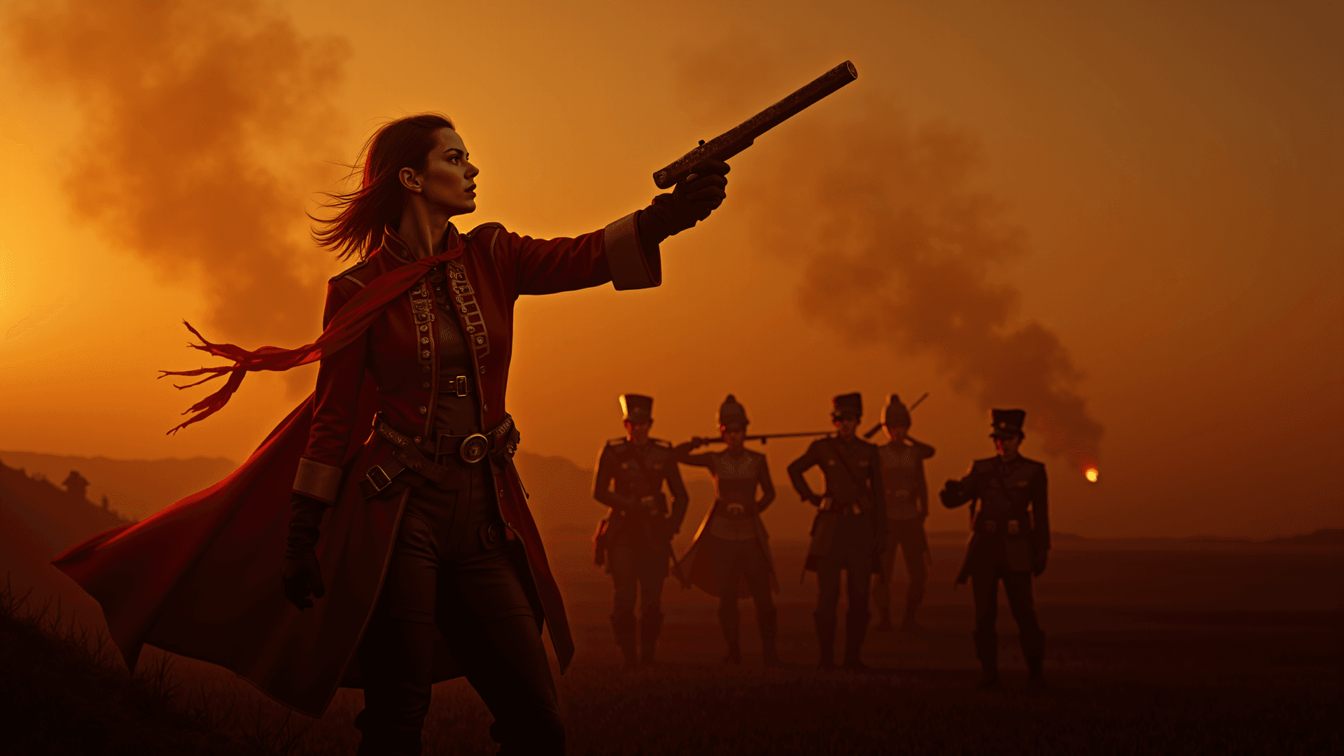 AI generated: Photorealistic, high-contrast dusk lighting. A female officer in a parallel universe, styled as a mo...