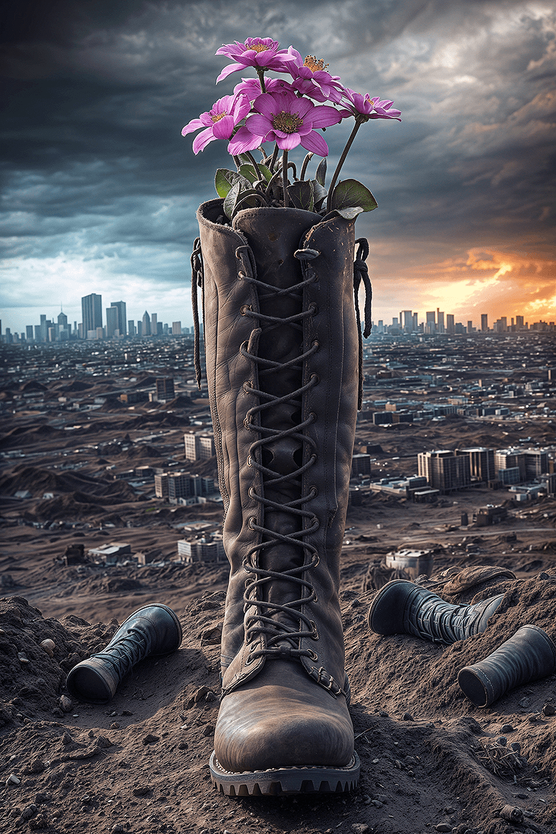 AI generated: close-up shot of an army boot standing on dead and dusty soil, post-apocalyptic city in ashes, dooms...