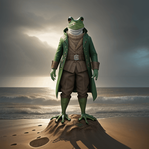 AI generated: A digital artwork of a frog wearing Irish clothes, standing on the planet's surface with sand under ...