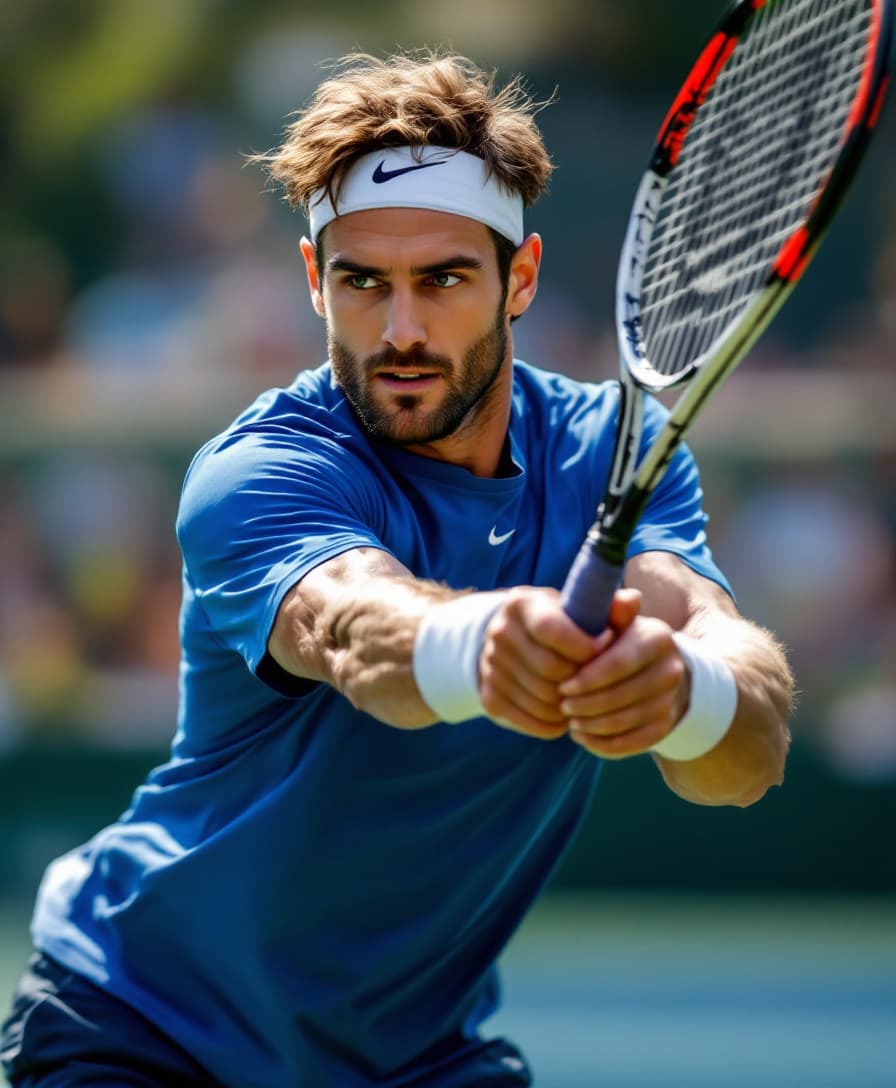 AI generated: Male Tennis Player hitting a one-handed backhand on the tennis court in a match, make the strings in...